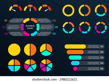 Infographic Set With A Circle Diagram Or Pie Chart, Funnel Pyramid Or Marketing Cone, Speedometer Or Meter For Info Graphic. Business Process Layout With Steps Or Options. 