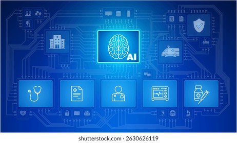 An infographic showcasing the integration of Artificial Intelligence and automation in the healthcare system, featuring essential medical elements like heart, doctor, syringe, MRI, and patient care to