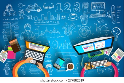 Infographic teamwork and brainstorming with Flat style. A lot of design elements are included: computers, mobile devices, desk supplies, pencil,coffee mug, sheets,documents and so on - Powered by Shutterstock