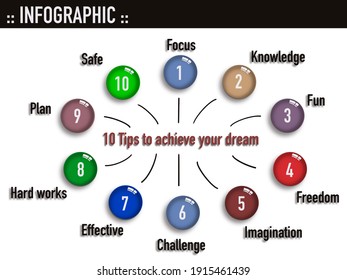 Infographic Ten (10) Tips To Achieve The Goals Or Success With 3D Illustration Button