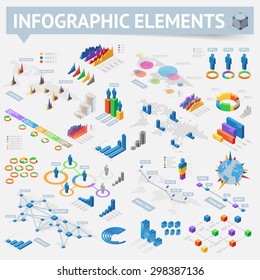 Infographics with data icons, world map charts and isometric design elements.