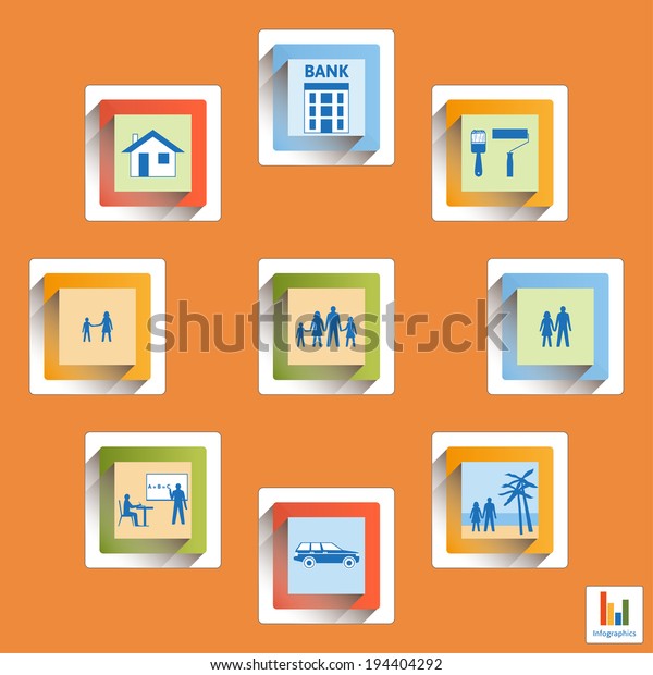 Infographics: family, children, couple,\
parents, home, renovation, car, education, travel, banking\
services. Set of icons for web. Illustration about people life.\
Design\
elements.