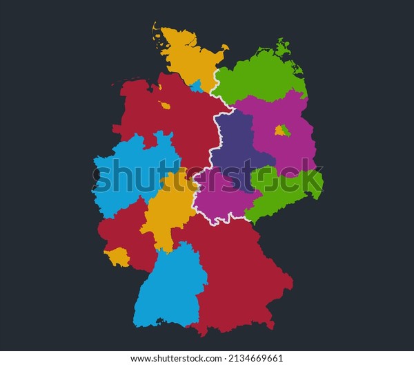 Infographics Germany map divided on West and East\
Germany of regions, flat design colors, blue background, blank\
template\
raster
