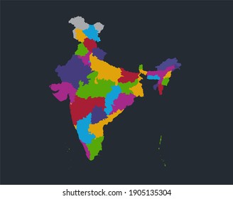 Infographics India map, flat design colors, individual administrative division, blue background with orange points, blank raster