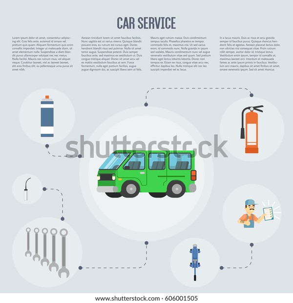Infographics of scene presents\
workers in car service tire service and car repair raster\
illustration