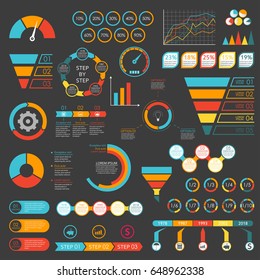 Infographics Set. Funnel, Chart, Graph, Arrows, Diagram, Gauge, Speedometer. Infographic With 3 And 5 Steps Or Levels. Circle Chart With Percentage And Pie Chart With Sections.