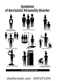 Infographics Symptoms Of Narcissistic Personality Disorder. Nine Signs Of Narcissism In The Style Of Icons Of Black Silhouettes. It Shows Arrogance, Lack Of Empathy, Manipulation And Envy.