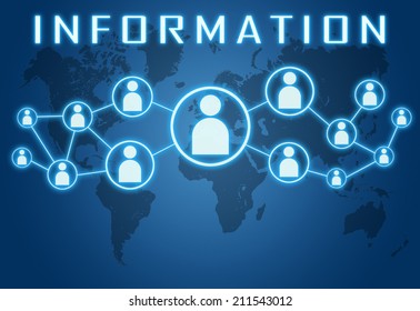 Information concept on blue background with world map and social icons.