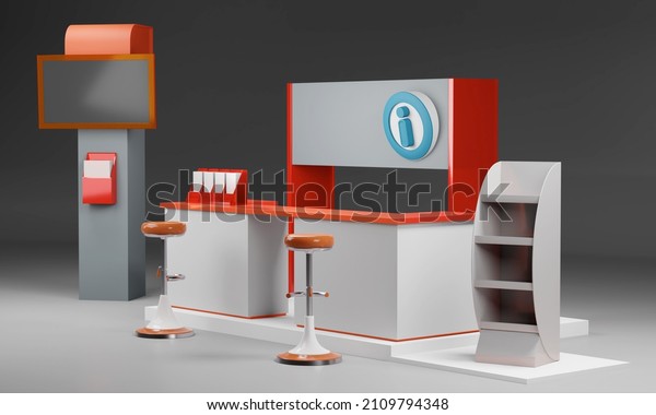 Information\
desk or exhibition counter isolated, Reception and helping service\
stand. Various Sizes Tables, 3D\
rendering
