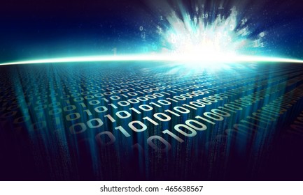 The Information Explosion On The Digital Surface In Cyberspace, Glowing Abstract Binary Background - Virtual Reality, 3d Illustration