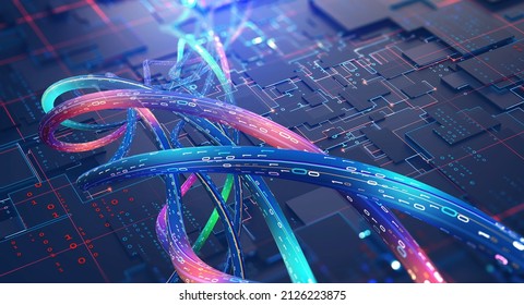 Information Flow Of Digital Code. Current Data And Computer Scheme. High Speed, Wired Internet Connection. Nanotechnology 3D Illustration