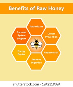 Information Graphic Design About Benefits Of Raw Honey. Illustration Design On Light Yellow Background With Text And Bees.