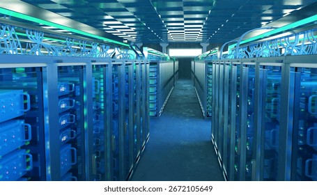 Information Technology, Data Center, Cloud Computing. Modern server room interior with rows of illuminated racks, network cables, and high-tech equipment for data storage, processing, 3d image
