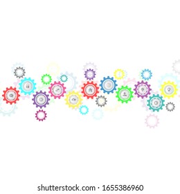 Information technology with infographic elements and flat icons. Cogs and gear wheel mechanisms. Hi-tech digital technology and engineering. Abstract technical background