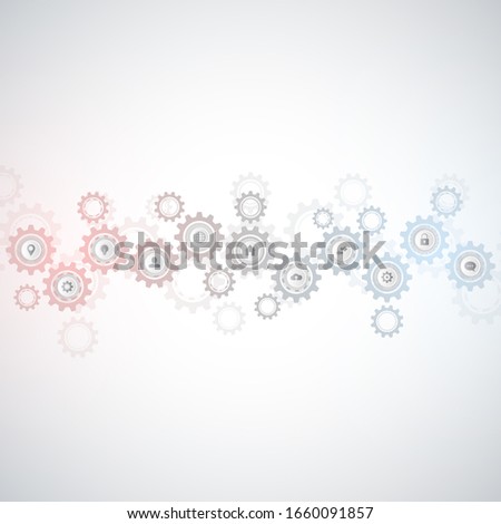 Information technology with infographic elements and flat icons. Cogs and gear wheel mechanisms. Hi-tech digital technology and engineering. Abstract technical background