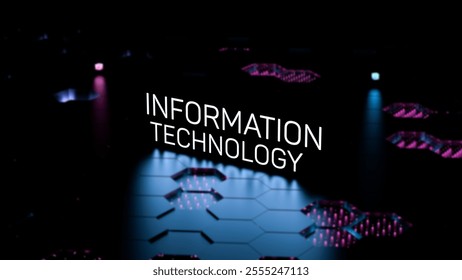 Information technology neon text, luminous word. IT technology business concept,wallpaper.3d render