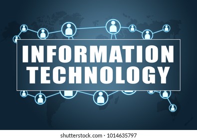 Information Technology - text concept on blue background with world map and social icons.