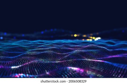 Information waves, analytics data, field of successive points, data flow, neon light, cyber structure of computer systems 3D illustration