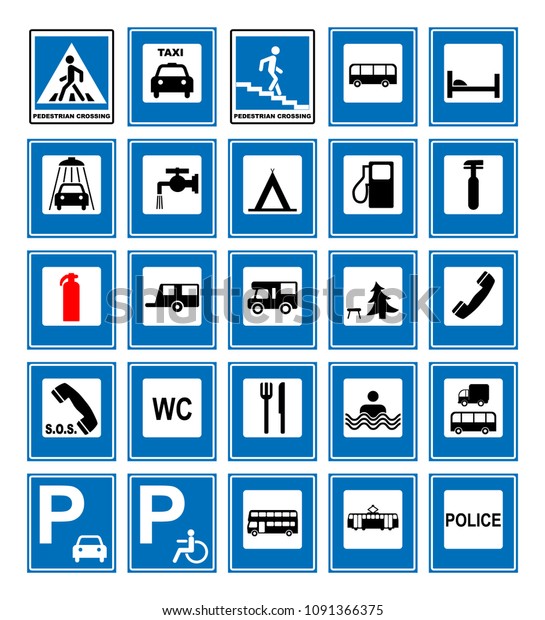 Informational road\
blue symbols set.  illustration isolated on white. Mandatory signs.\
Ready to use traffic\
banner