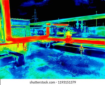 Infrared image of industrial heating pipes. Thermal imaging survey