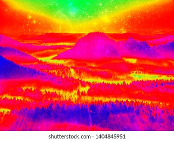 Infrared Scan Of Hilly Landscape Pine Forest With Colorful Fog Hot Sunny Sky Above