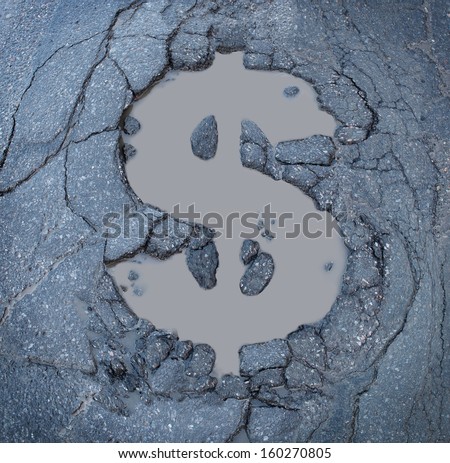Infrastructure costs and road construction repair budget as a business symbol of  the expenses of fixing urban highways as an old asphalt street damaged with a pothole in the shape of a dollar sign. Stock photo © 