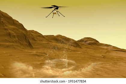 Der Einfallshubschrauber hat sich von dem Ausdauerrover auf dem Mars getrennt und bereitet sich auf seinen ersten Flug vor. 3D-Rendering. Elemente dieses Bildes werden von der NASA bereitgestellt
