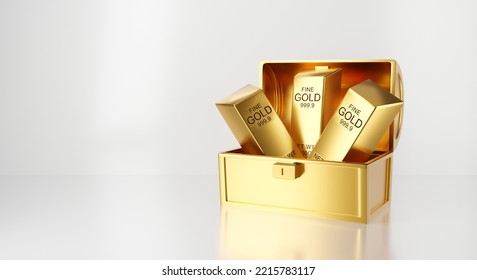 Ingot Of Gold Treasure Chest Isolated On White Background Abstract. Surprise Box Money 3d Rendering Illustration Of A Lot Of Stacked Gold Bars Pile. Wealth Concept.