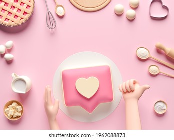 Ingredients For Cooking Dough Or Bread. Like Heart Icon On A Pink Pin Cake. Concept Design For Baking, Pizza, Cookie, Biscuit, Bread. Pink Background. View From Above. 3d Render