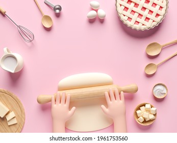 Ingredients for cooking dough or bread. Wooden rolling pin and kneading dough. Concept design for baking, pizza, cookie, biscuit, bread. Pink background. View from above. 3d render