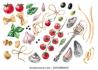 Ingredients for pasta with tomatoes and seafood watercolor illustration isolated on white background. Italian Cuisine. - Powered by Shutterstock