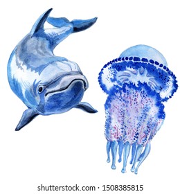 
The inhabitants of the underwater world in a watercolor style.