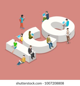 Initial Coin Offering Flat Isometric Concept. People With Laptops Are Sitting And Standing Around Big Letters ICO.