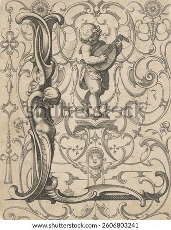 Initial l with putto playing the lute. Vintage artwork, art illustration. Vintage engraving illustration.