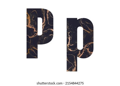 Initial letter P with abstract hand-painted alcohol ink texture. Uppercase and lowercase typeface. Isolated on white background. Illustration for emblem and logo design