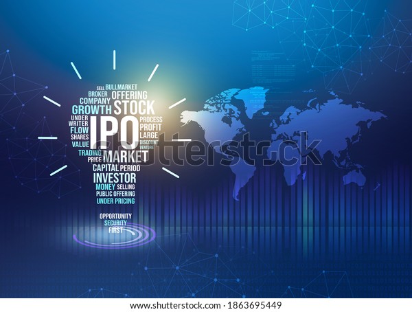 initial\
public offering, IPO background illustration on dark blue\
background with world map, stock market\
ypography