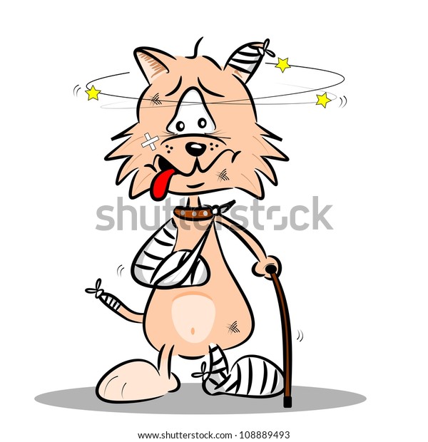 Injured Cartoon Cat Bandages Plaster Walking のイラスト素材 108889493