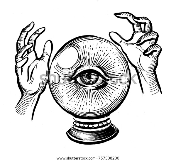 目と手を持つ水晶玉の白黒のイラスト のイラスト素材