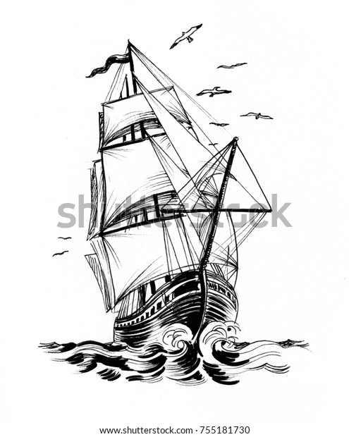 嵐の海の古い船の白黒のイラスト のイラスト素材