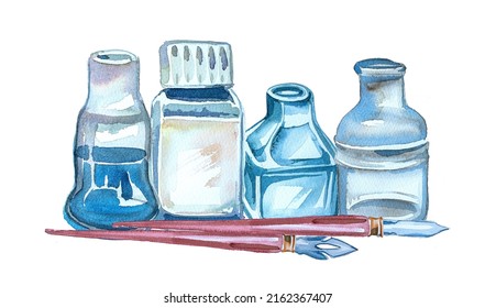 Ink Bottles And Pens Design. Watercolor Vintage School Ink Illustration. Old School Supplies Themed Clip Art.