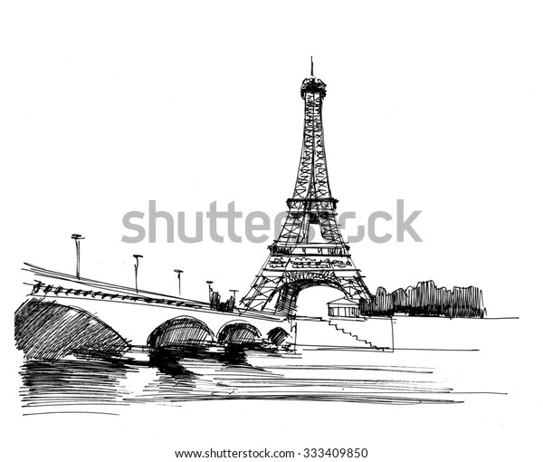 Ink Drawing Cathedral Eiffel Tower Paris Stock Illustration 333409850