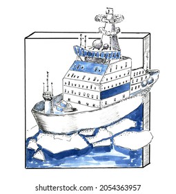 Ink Drawing Of Ice Breaker Ship Among Ice Cubes In Water.