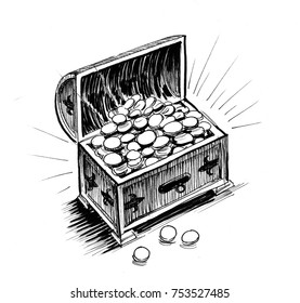 Ink Drawing Of A Treasure Chest With Golden Coins