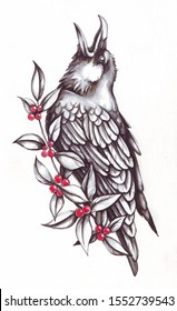 Ink graphic crow and red berries white background