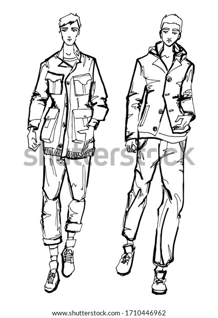 秋の服に2人の男性の手描きのファッションスケッチ 男性の服のファッションイラスト 白黒のスケッチマンが行く のイラスト素材