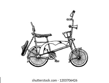 Ink Hand Drawn Illustration Of Lowrider Bicycle In Vintage Engraved Style.  Wheelie Bike With Banana Seat With Sissy Bar, Ape Hanger And Overspoked Wheels.  