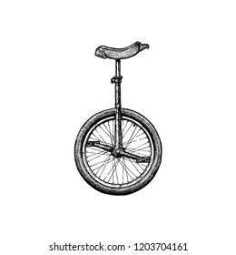 Ink Hand Drawn Illustration Of Unicycle In Vintage Engraved Style.