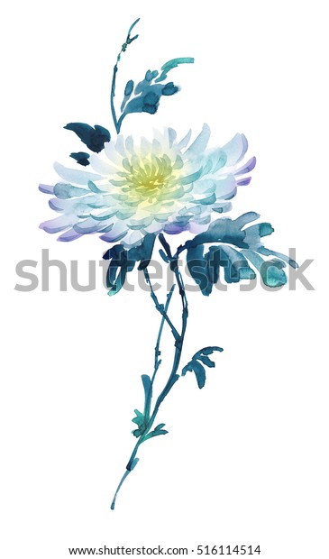 花咲く菊の墨絵 墨絵 罪 五華絵 青 黄白い背景にブラシストロークで構成されたシルエット のイラスト素材