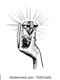 Ink illustration of a hand holding a big shiny diamond