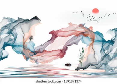 Ink landscape decorative painting abstract color art line background